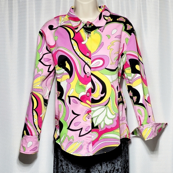 Willow Retro Groovy Funky & Floral Colorful Stretch Blouse Women's (M) - Picture 2 of 13